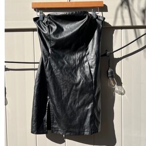 Black Faux Leather Strapless Mini Dress Side Slit Bodycon Vegan Leather Large